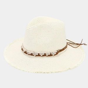 Straw sun hat with frayed brim and decorative woven band for summer beach vacations