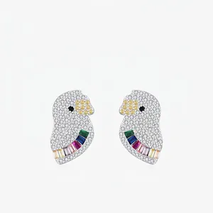 925 Sterling Silver Parrot Stud Earrings With Colorful Rainbow Zirconia Pave Bird Animal Jewelry For Women