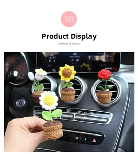 Handmade crochet sunflower and rose car vent clip ornaments in miniature flower pots
