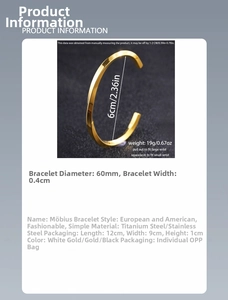 Detail view of gold Mobius bangle showing 60mm diameter and 0.4cm width dimensions