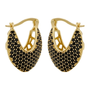 Detailed shot of V-shaped gold earrings with micro-paved black zircons and hollow lattice