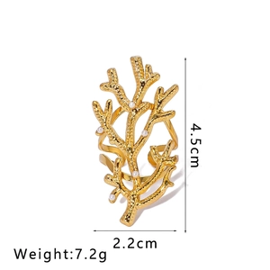 Detailed size view of coral branch ring in 18K gold finish with white pearls