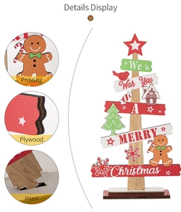 Detail display of plywood Christmas tree with printed greetings and easy assembly base