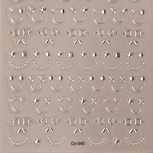 Silver metallic nail art stickers featuring cute expressions and stars, item Co-340
