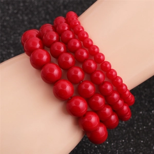Bracelet de Perles Rondes Rouges pour Hommes Femmes Fait à la Main Élastique Pierre Synthétique Simple Minimaliste Bijoux Cadeau