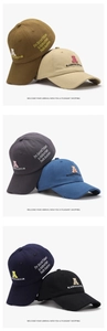 Detail of vintage baseball cap with letter embroidery and distressed brim in 6 colors