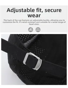 Detail of adjustable metal buckle and breathable mesh fabric on black sports cap