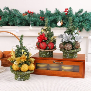 Mini Christmas tree set with red gold silver ornaments and rustic stone texture base