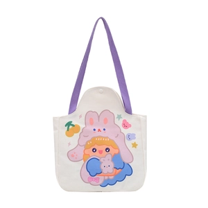 Cartoon girl print canvas tote bag with purple straps and large capacity for students
