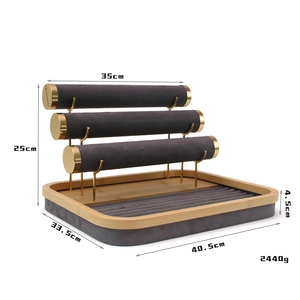 3-tier velvet jewelry display stand with golden metal bars and bamboo wooden base tray