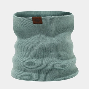 Close-up of ribbed knit neck warmer with leather snowflake patch in dusty blue