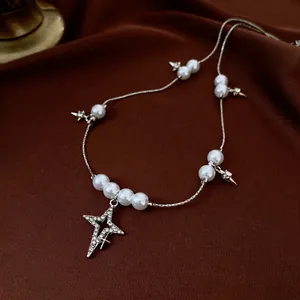 Collier Künstliche Perles D'Imitation Vintage Avec Pendentif Planète Étoile Cuivre Bijoux Élégants Pour Femmes Couleur Argentée