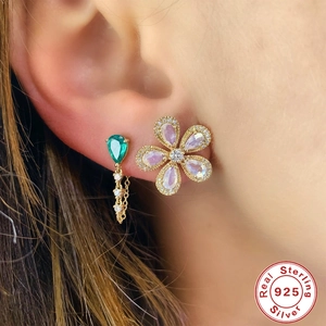 S925 sterling silver asymmetrical earrings with floral moonstone and teardrop emerald zirconia