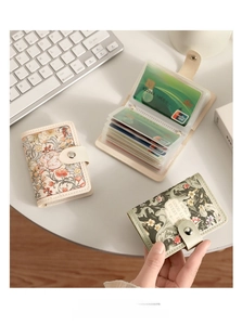 Close-up of vintage floral card holders with leather texture and multi-slot PVC inserts