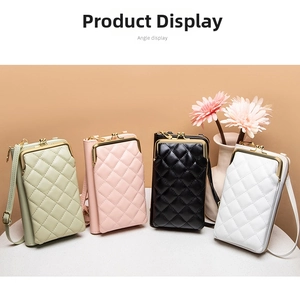 Quilted mini crossbody phone bags in mint, pink, black, and white colors