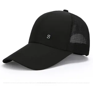 Detail of black baseball cap with extended brim and breathable mesh back for outdoor sports