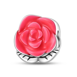 Detail showing red enamel rose charm bead with silver leaves for DIY bracelets
