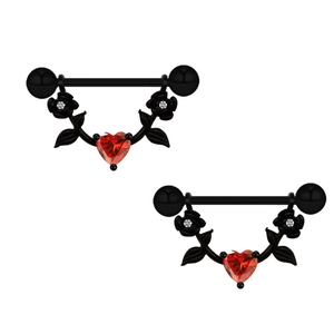 Schwarzer Brustwarzenring aus Stahl mit rotem Herz-Edelstein und Rosen-Anhängern