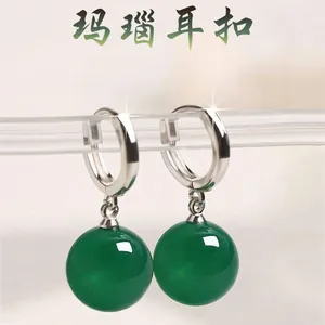 Minimalist green natural agate hoop earrings with polished silver metal clasps