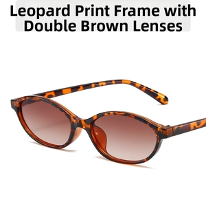 Detailed close-up of oval leopard print sunglasses frame with brown gradient lenses
