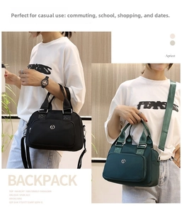 Macro shot showing black and dark green nylon handbags with adjustable wide shoulder straps