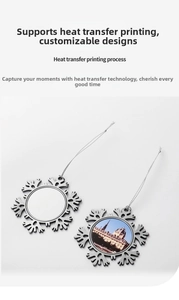 Sublimation snowflake ornaments showing DIY blank and custom printed metal design