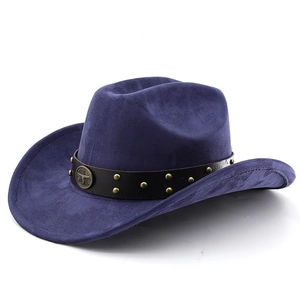 Chapeau de cowboy western classique bleu marine avec bande en cuir et emblème métal