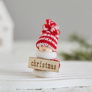 Christmas snowman wool felt doll on wooden base with red striped hat and greeting sign