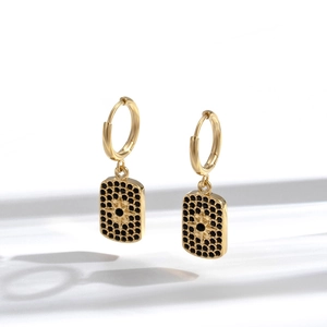 Gold plated stainless steel hoop earrings with black zircon pavé rectangular pendants