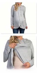Detail of the cross-layer nursing opening on a grey long-sleeve maternity hoodie