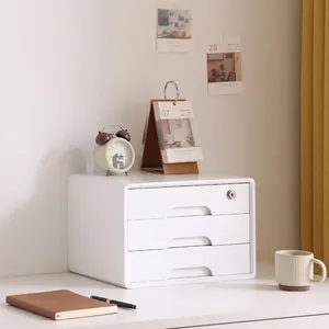 Three-layer white solid wood desk organizer with a security lock and storage drawers