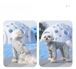 Close-up of waterproof pet overalls with HOMME label and adjustable back straps