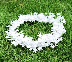 Detailed view of a white five-pointed star tinsel garland on green grass background