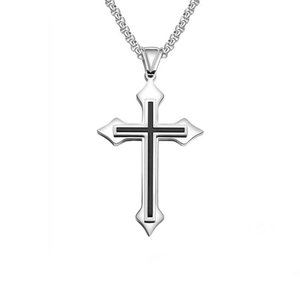Cross pendant necklace in stainless steel with black enamel stripe on white background