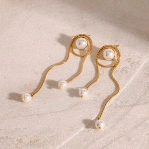 Elegant 18k gold plated stainless steel long tassel earrings with white pearls