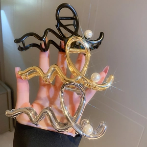 Pinces à cheveux ondulées métalliques avec perles en or, argent et noir pour femme