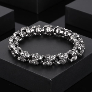 Bracciale a catena con testa di leone in acciaio inossidabile stile punk vintage nero