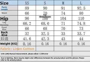 Detailed size chart for linen-blend vest and trousers set with exact measurements
