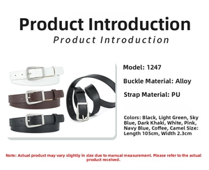Close-up of classic PU leather belt with silver pin buckle and technical specifications