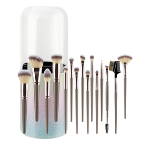 Professional 13-piece makeup brush set with gradient storage tube on white background
