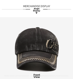 Close-up of vintage washed denim baseball cap featuring Classic embroidery and topstitching