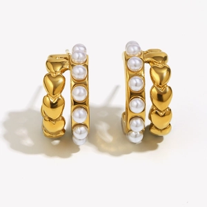 18K gold plated heart chain and pearl double hoop earrings on white background