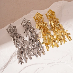 Metallic rose leaf long tassel earrings in gold and silver finish for women
