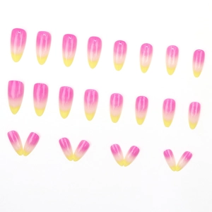Pink and yellow gradient long almond press-on nails with a vibrant polished finish