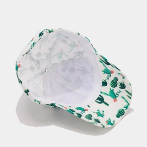 Detailed interior of cactus print baseball cap showing inner lining and sweatband