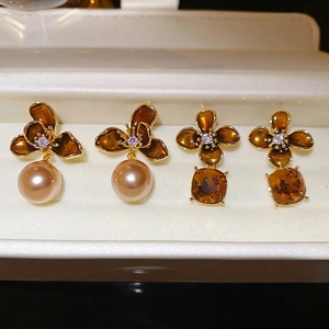 18K gold plated vintage flower earrings with amber enamel, zircons, and pearl drops