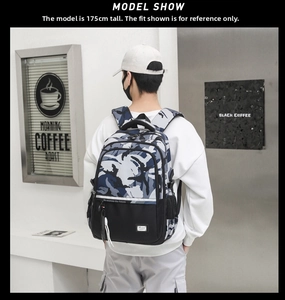 Detail of blue camouflage backpack featuring durable side mesh pocket and smooth zipper