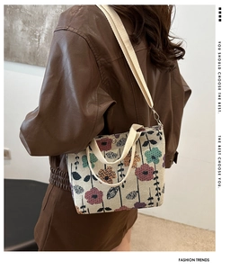 Detail of ethnic tote bag with colorful floral weaving and adjustable shoulder strap