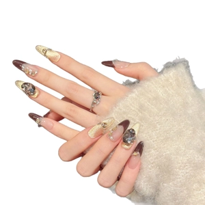 Caramel Latte brown cat-eye press-on nails with luxury rhinestones and pearls