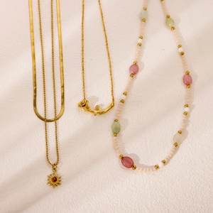 Bohemian colorful beaded necklace and elegant gold rose pendant jewelry set for women